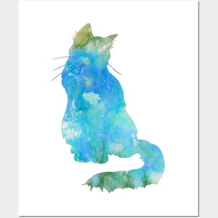 Turquoise Cat Watercolor Painting Posters and Art